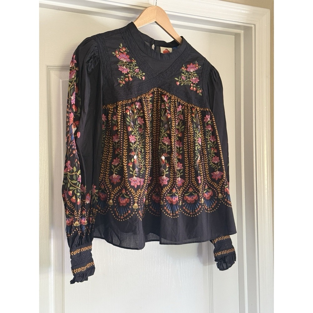 Farm Rio XL Bird Floral Lace Yoke Long Sleeve Boho Blouse - Picture 2 of 14